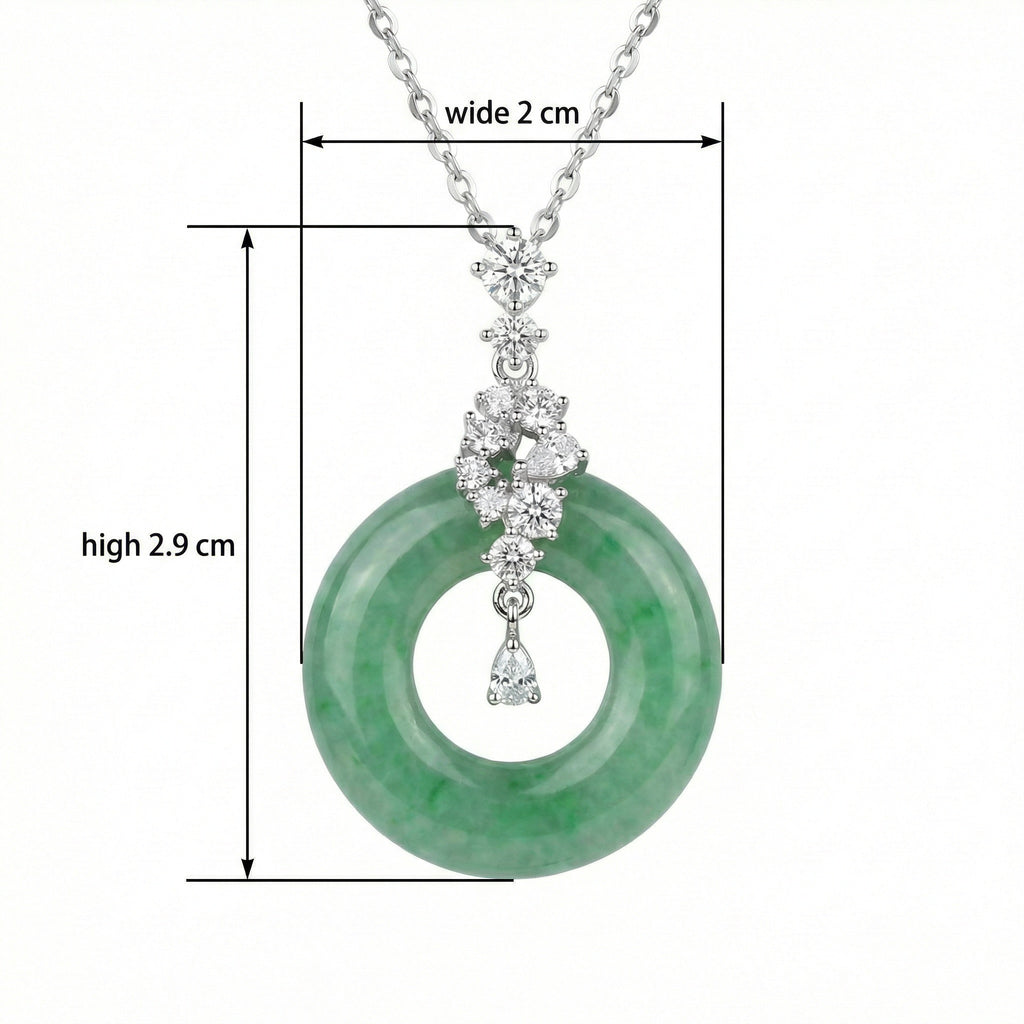 925 Sterling Silver Elegant Green Jadeite Pi Disc Pendant Necklace with Dazzling Diamond Accents