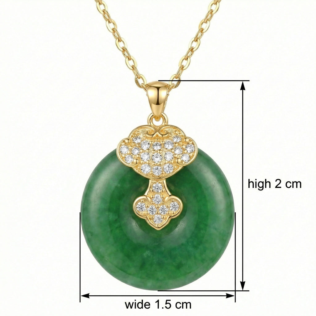 925 Sterling Silver Elegant Green Jade Pi Disc Pendant Necklace with Ornate Sparkling Ruyi Motif