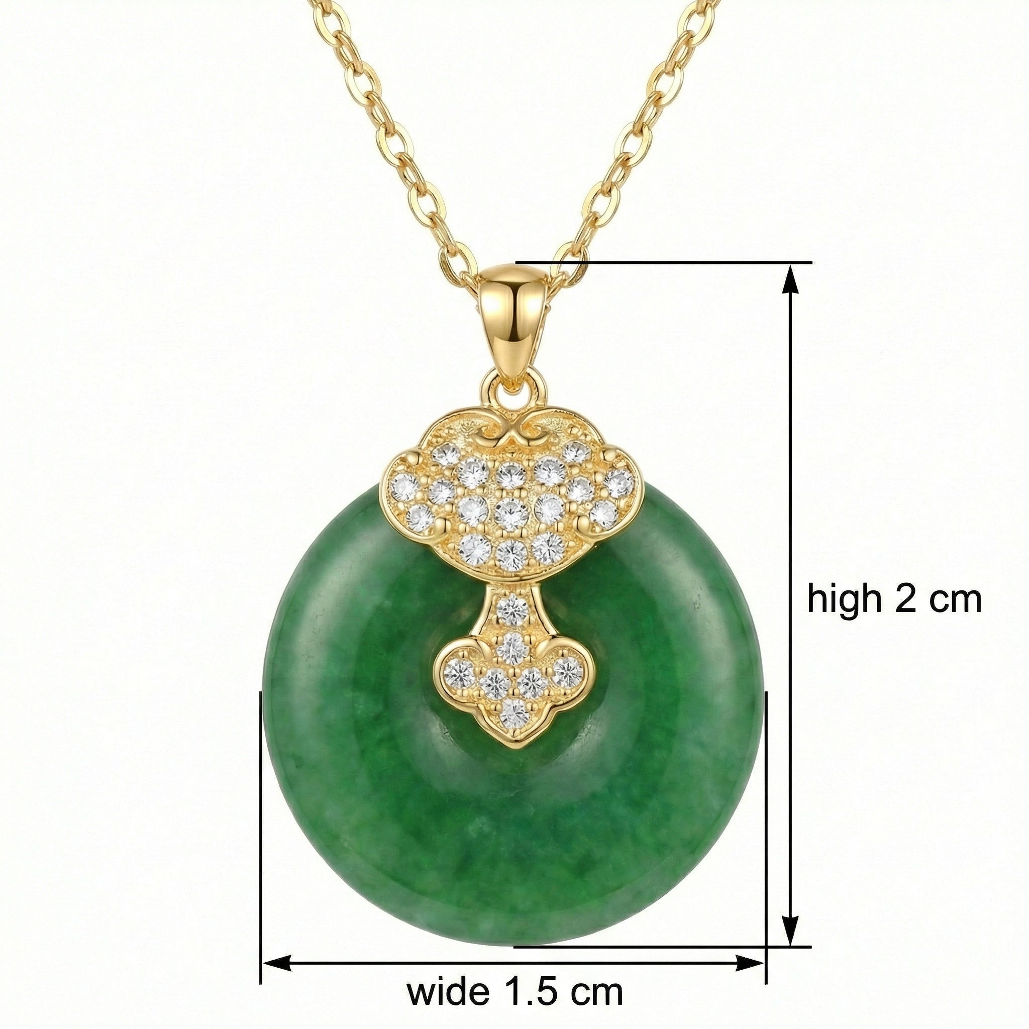 925 Sterling Silver Elegant Green Jade Pi Disc Pendant Necklace with Ornate Sparkling Ruyi Motif