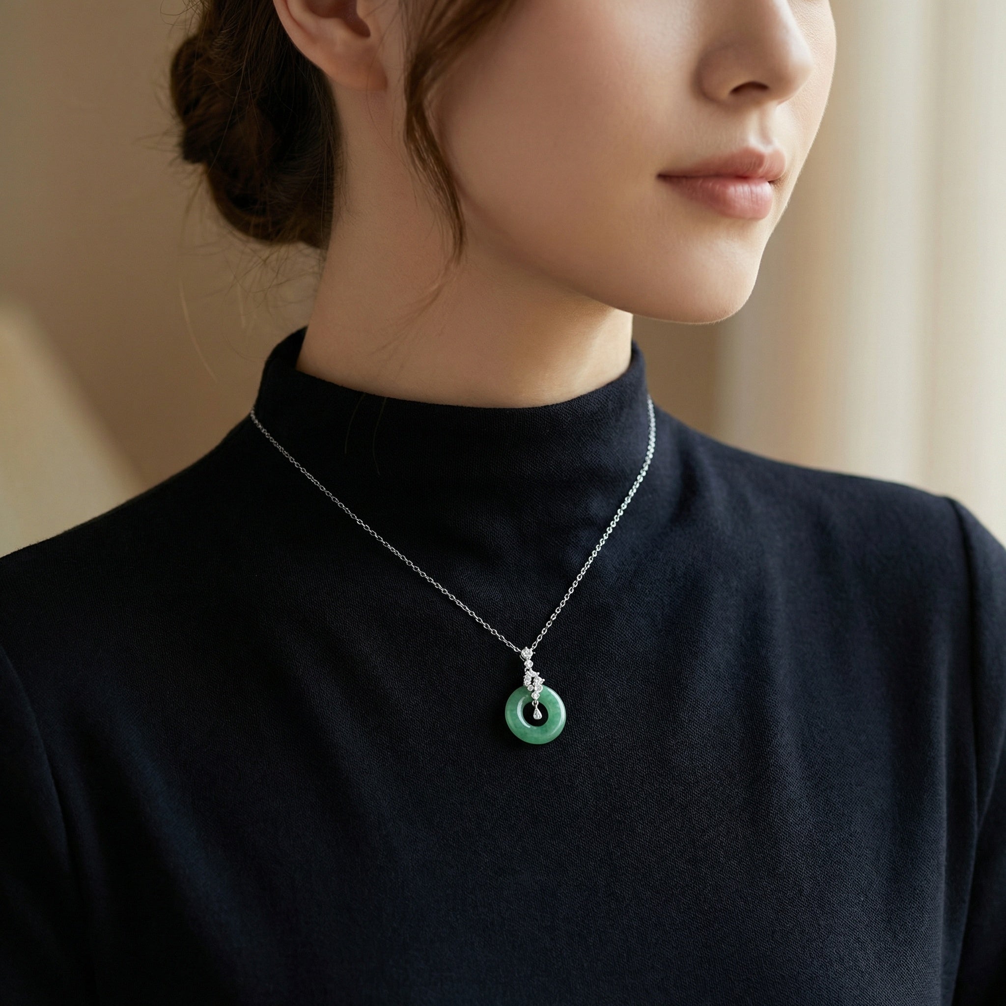 925 Sterling Silver Elegant Green Jadeite Pi Disc Pendant Necklace with Dazzling Diamond Accents
