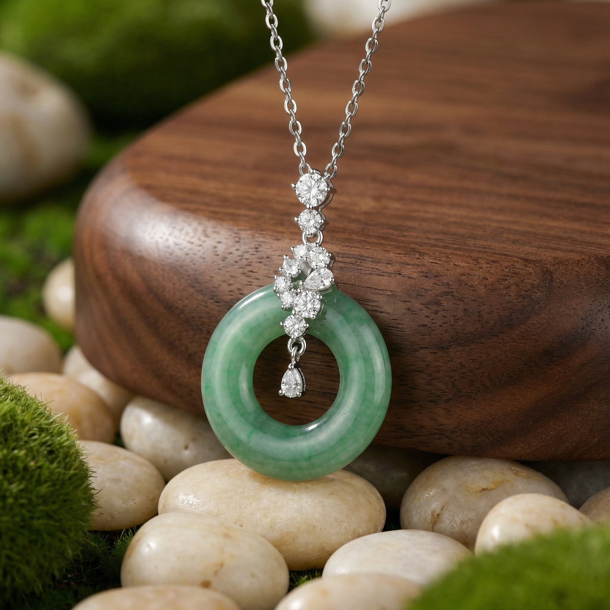 925 Sterling Silver Elegant Green Jadeite Pi Disc Pendant Necklace with Dazzling Diamond Accents