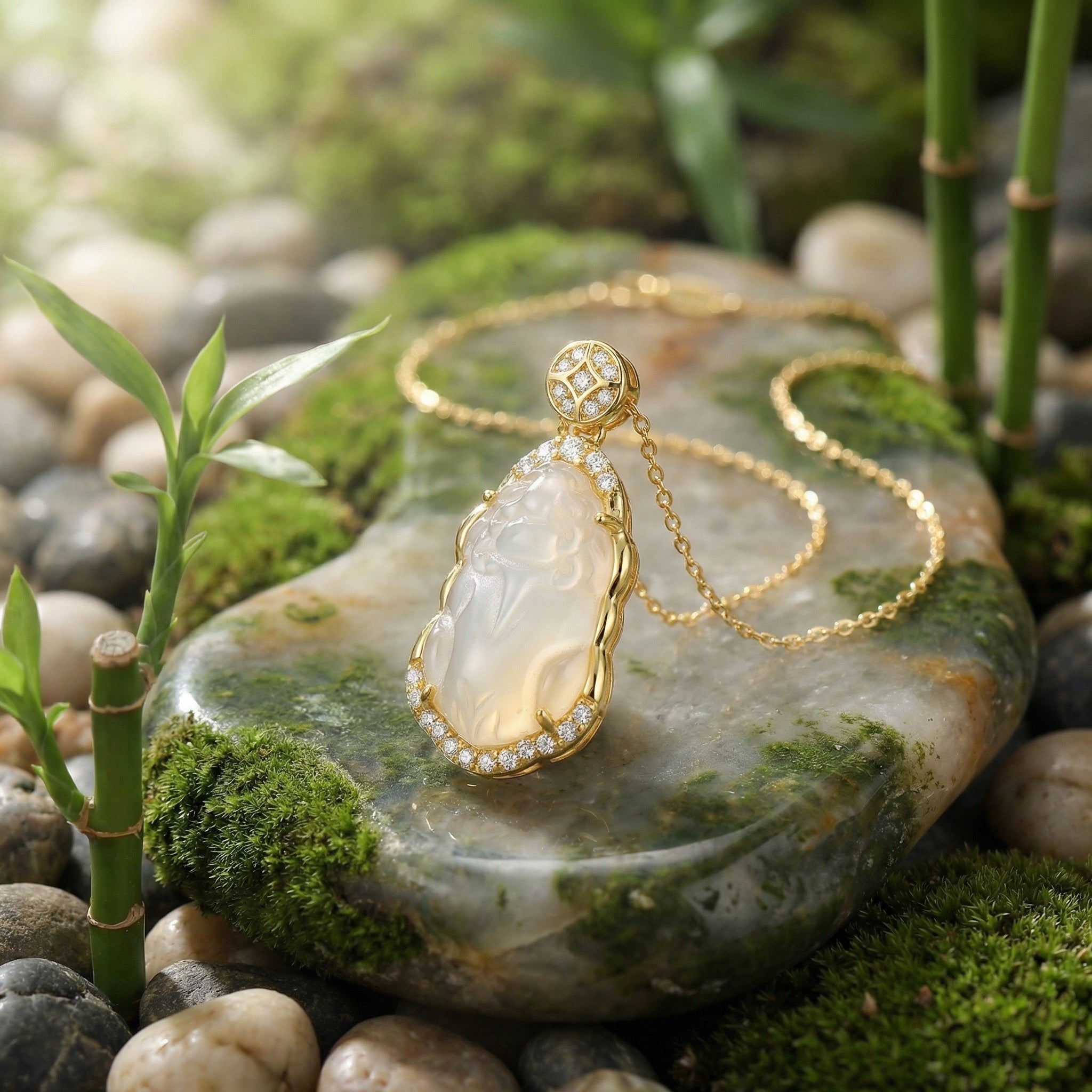 925 Sterling Silver Elegant Carved Translucent Gemstone Pi Xiu Necklace with Shimmering Diamond Accents