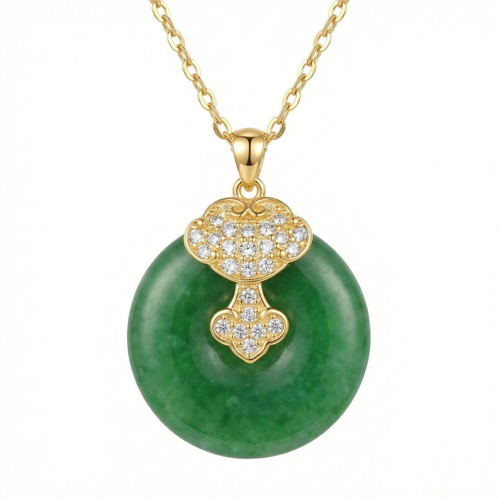925 Sterling Silver Elegant Green Jade Pi Disc Pendant Necklace with Ornate Sparkling Ruyi Motif