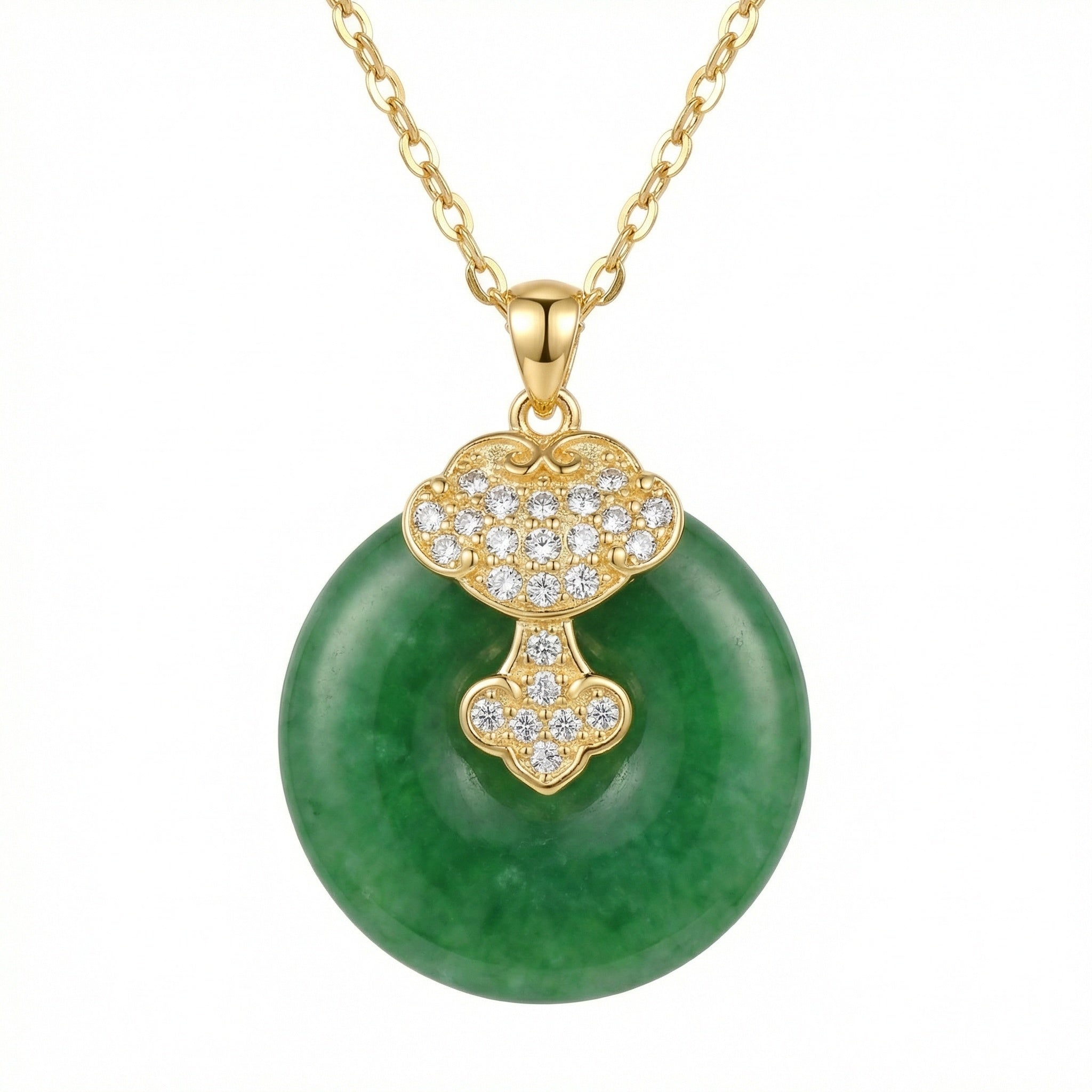 925 Sterling Silver Elegant Green Jade Pi Disc Pendant Necklace with Ornate Sparkling Ruyi Motif