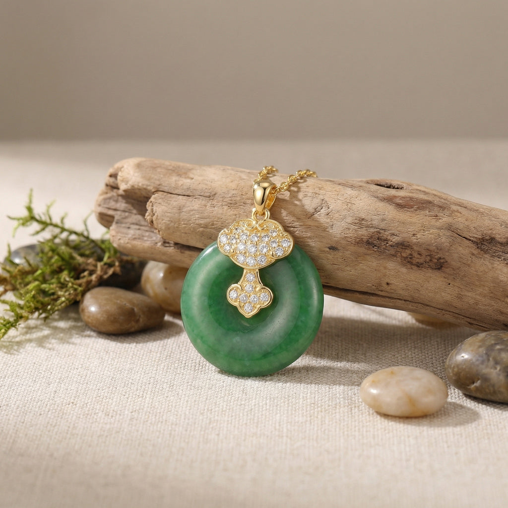925 Sterling Silver Elegant Green Jade Pi Disc Pendant Necklace with Ornate Sparkling Ruyi Motif