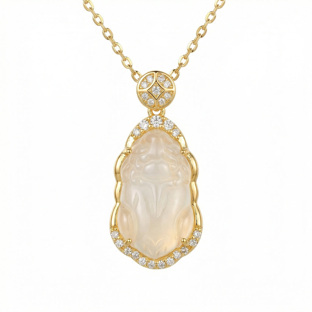 925 Sterling Silver Elegant Carved Translucent Gemstone Pi Xiu Necklace with Shimmering Diamond Accents