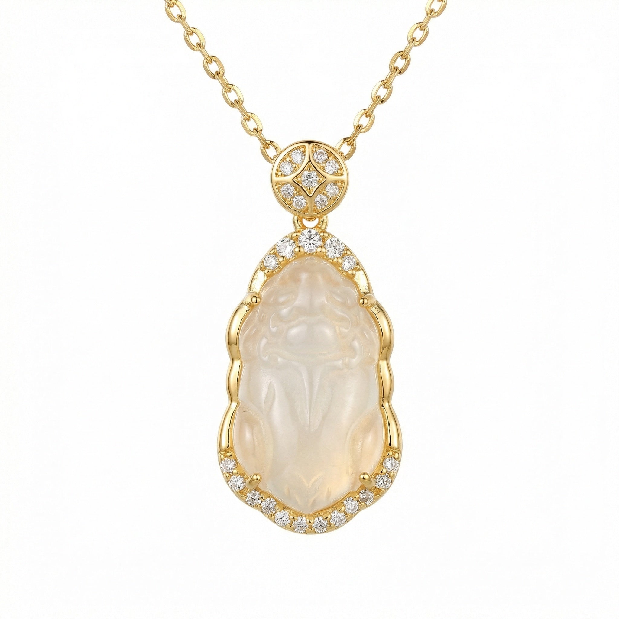 925 Sterling Silver Elegant Carved Translucent Gemstone Pi Xiu Necklace with Shimmering Diamond Accents