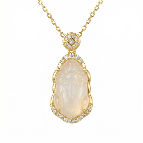 925 Sterling Silver Elegant Carved Translucent Gemstone Pi Xiu Necklace with Shimmering Diamond Accents