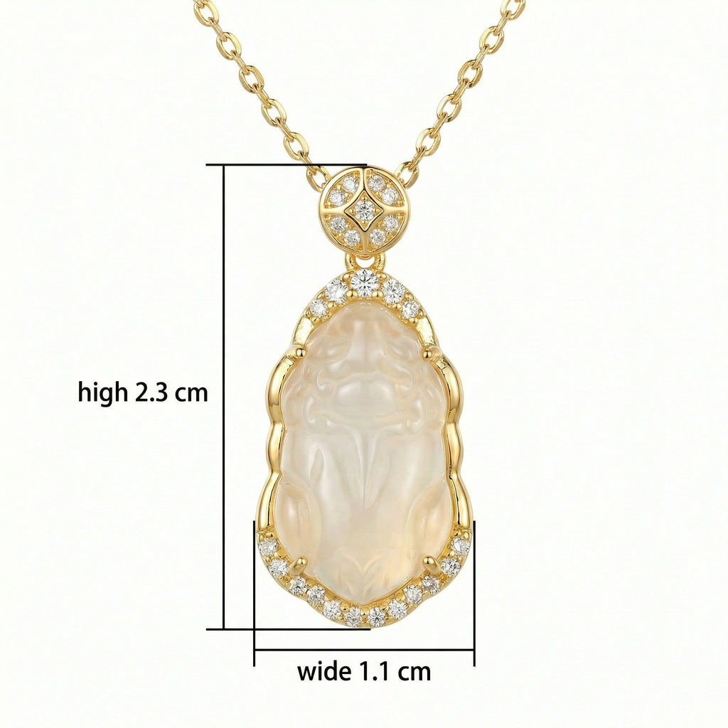 925 Sterling Silver Elegant Carved Translucent Gemstone Pi Xiu Necklace with Shimmering Diamond Accents