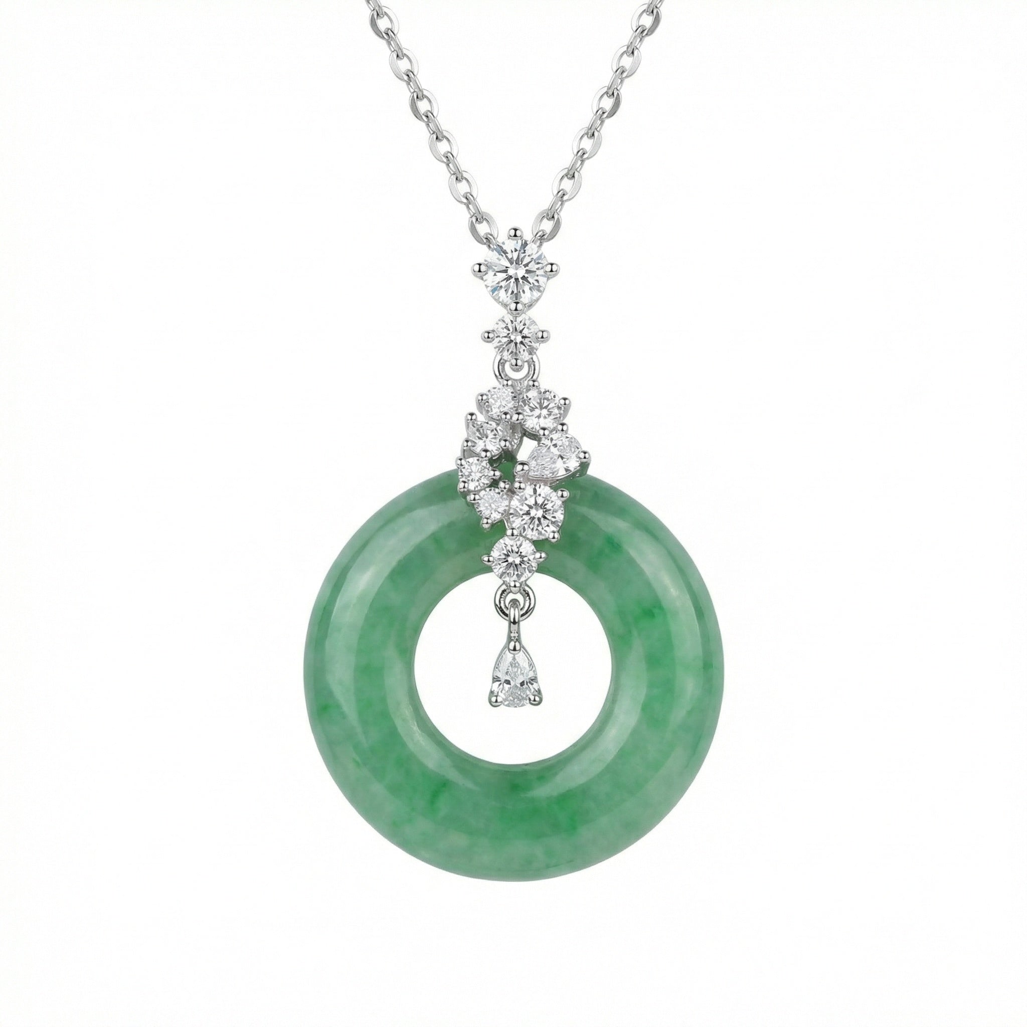 925 Sterling Silver Elegant Green Jadeite Pi Disc Pendant Necklace with Dazzling Diamond Accents