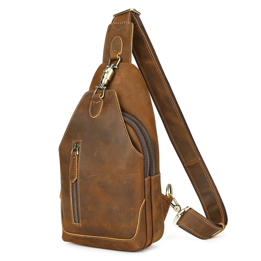 Ma Pi Mens Chest Bag Genuine Leather Vintage Lock-Clasp Front Pack Stylish Commuter Shoulder Backpack Trendy