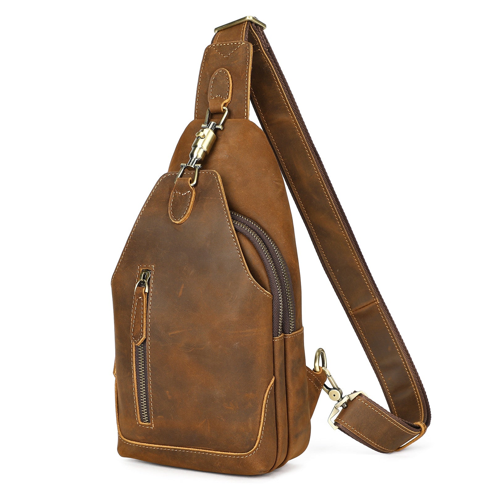 Ma Pi Mens Chest Bag Genuine Leather Vintage Lock-Clasp Front Pack Stylish Commuter Shoulder Backpack Trendy