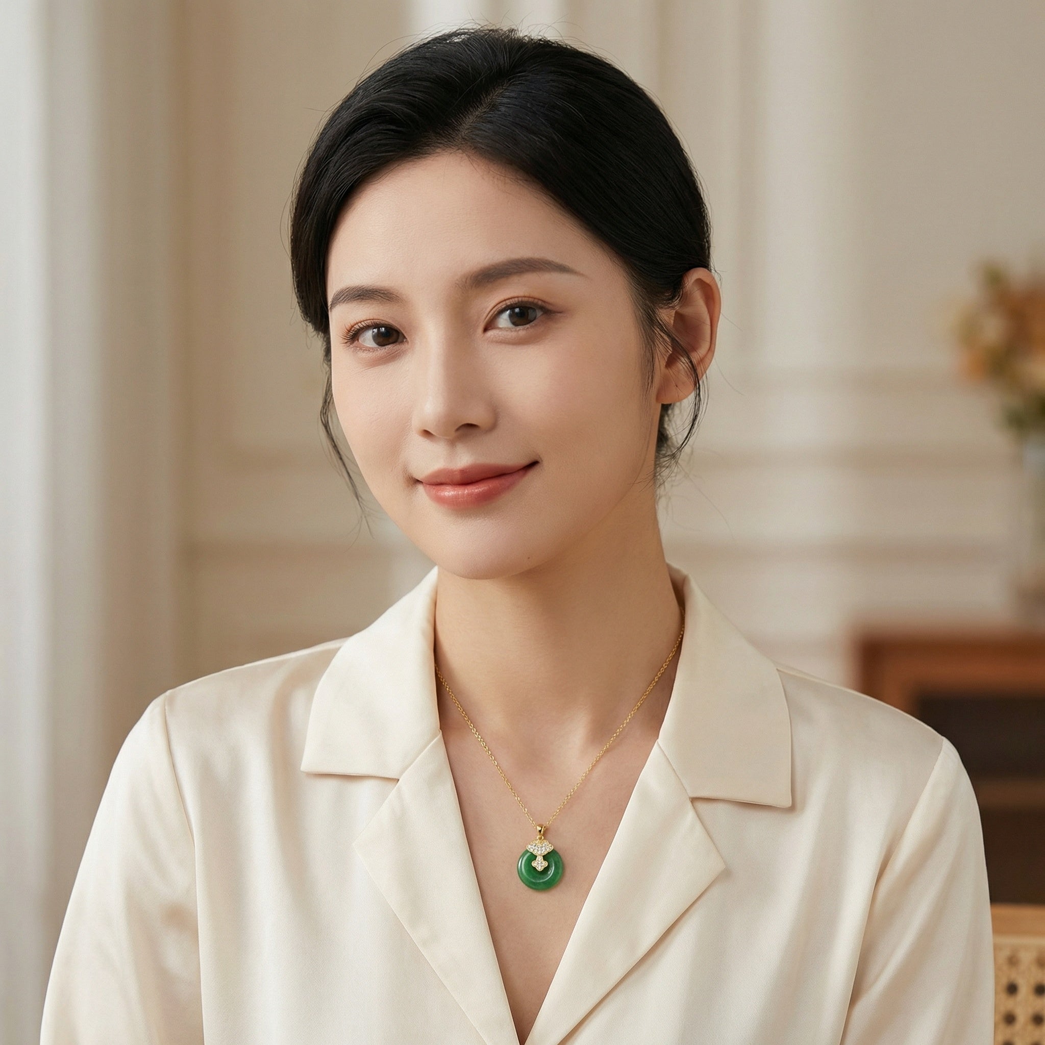925 Sterling Silver Elegant Green Jade Pi Disc Pendant Necklace with Ornate Sparkling Ruyi Motif