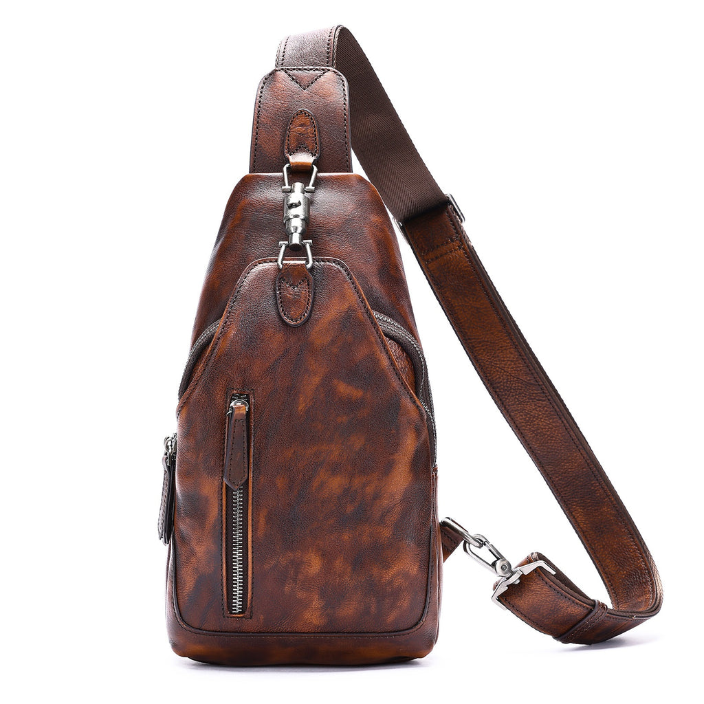Ma Pi Mens Chest Bag Genuine Leather Vintage Lock-Clasp Front Pack Stylish Commuter Shoulder Backpack Trendy